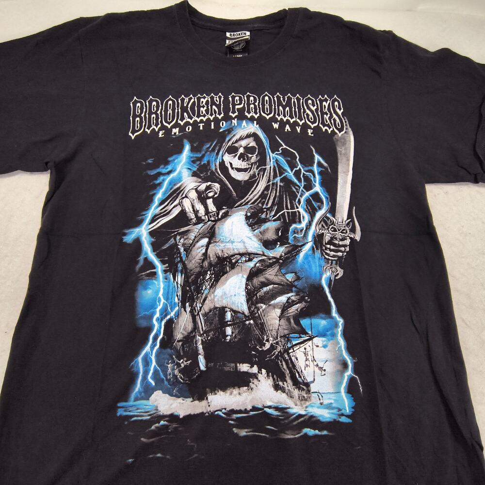 Broken Promises Crew Neck Graphic Long Sleeve T Shirt Mens Size L Black Blue